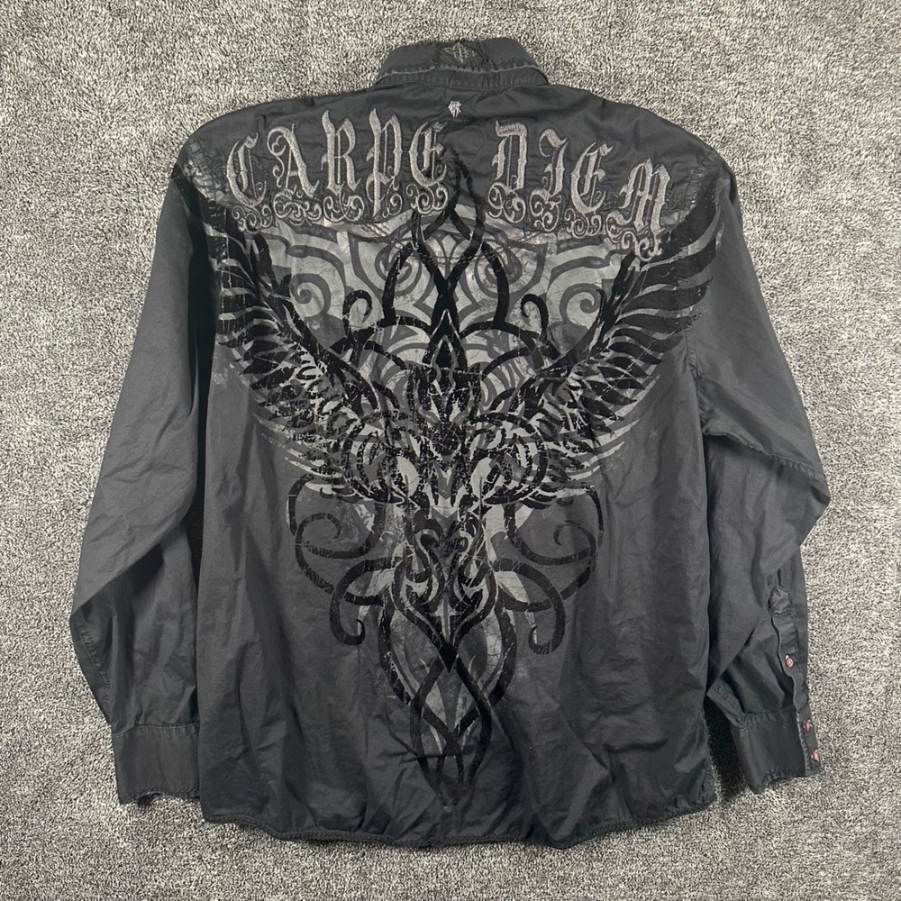 Roar Shirt Mens XXL Monumental Black Tribal Wing Carpe Diem Button Down AOP